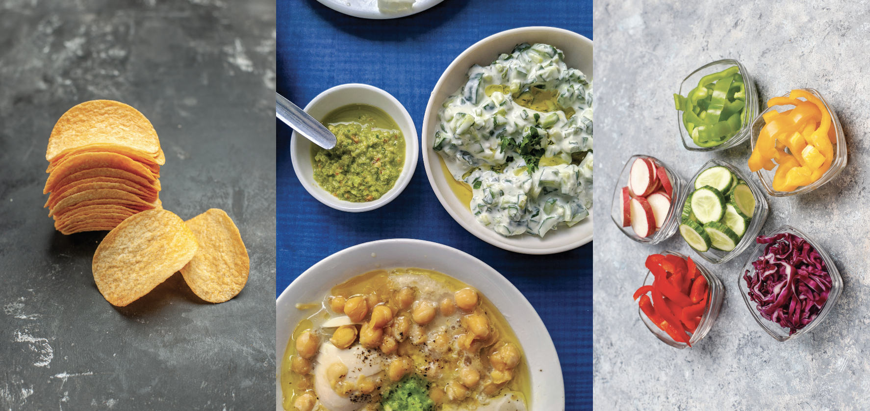 A collage of three portrait photos side by side. From left to right, the photos are off a stack of Pringles, three bowls of dip, and a selection of cut up vegetables. 
